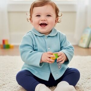 Vintage Baby Boy Cardigan Sweater 12 Month Train Button Front Long‎ Sleeve Blue